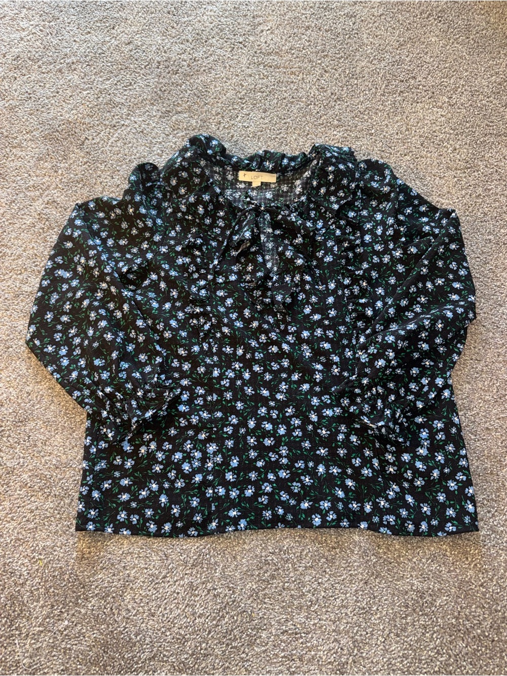 LOFT Floral Ruffle Tie-Neck Blouse - Size L